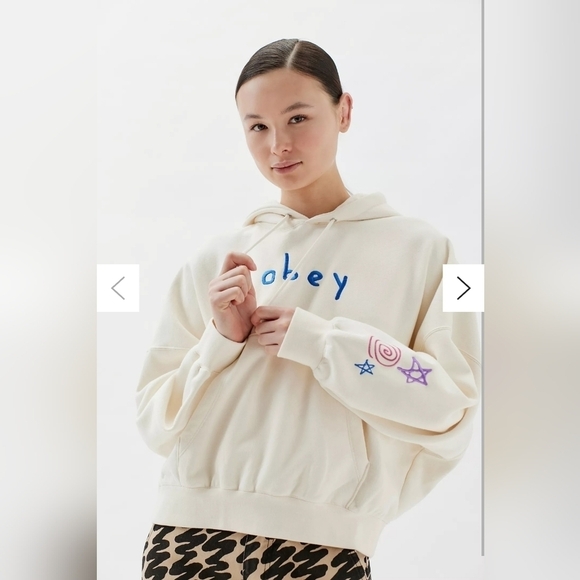 SCRIBBLED OBEY HOOD cream Beige Coyton  Women's hoodie Size S - Picture 1 of 13